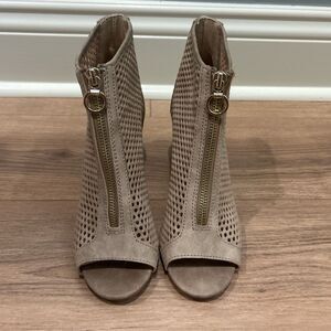 Qupid Taupe Peep-Toe Ankle Booties with Gold Zipper